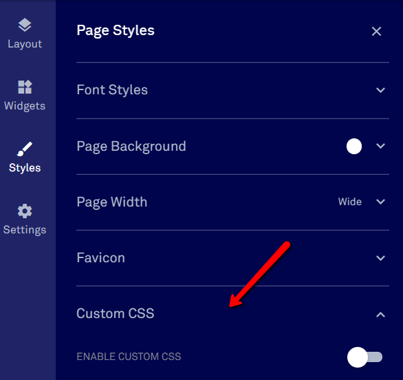Settings menu: Favicon, Custom CSS.