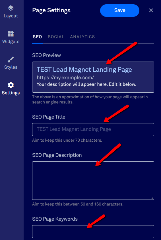 SEO page settings.