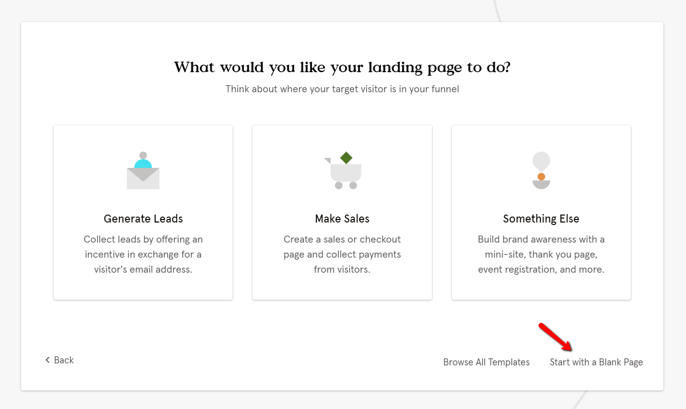 Landing page creation options.