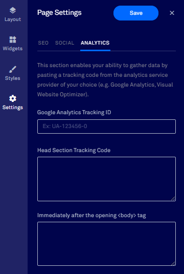 Website analytics code input fields.