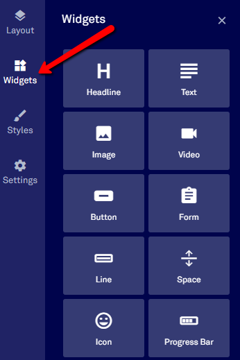 Website widget options menu.