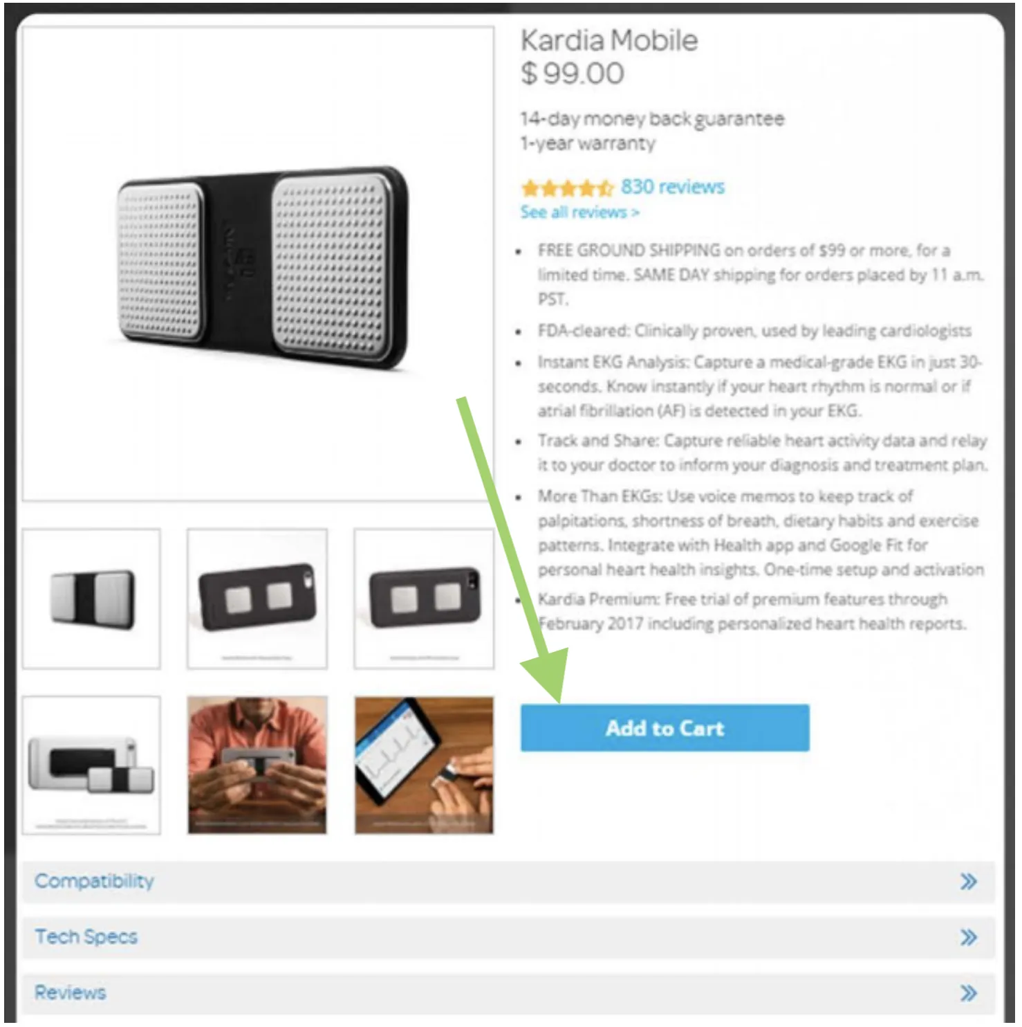 Kardia Mobile, add to cart button.