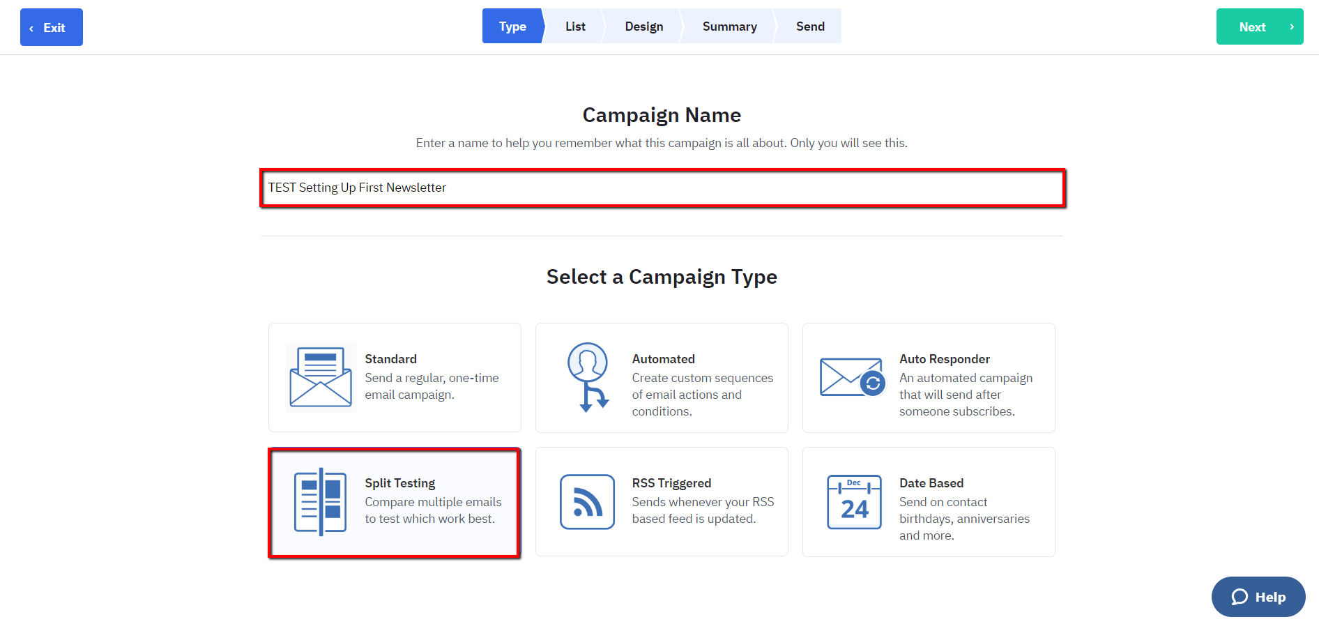 A/B test email campaign setup.
