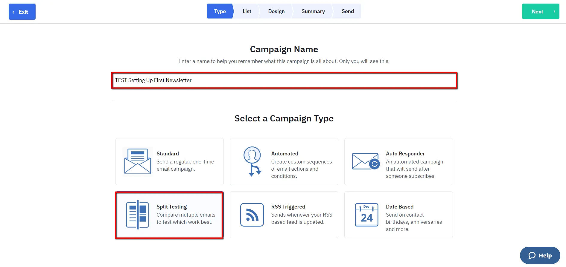 A/B test email campaign setup.