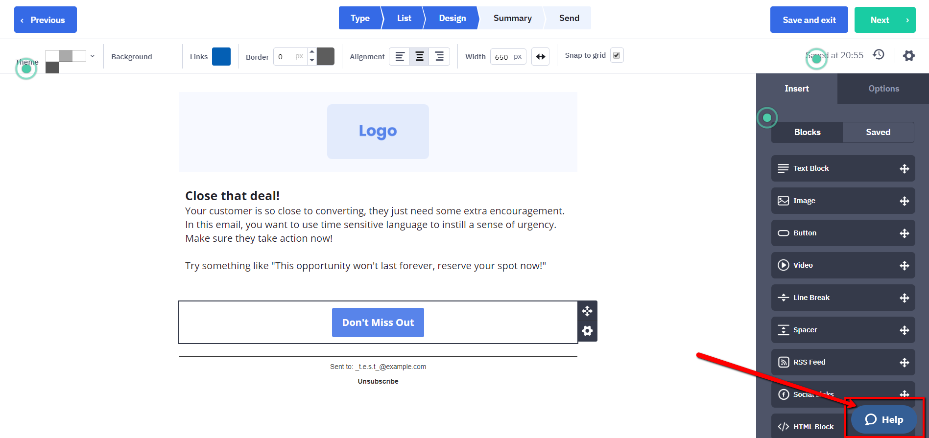 Email template editor help button.