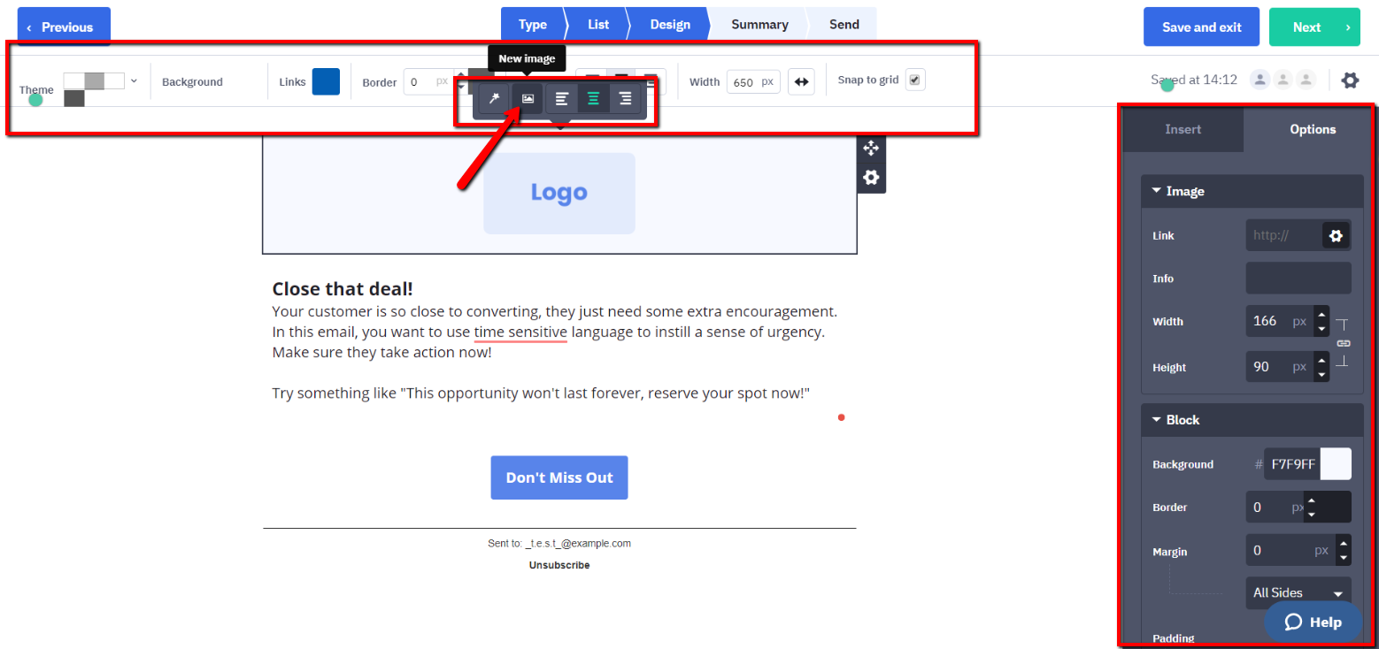 Email design settings.