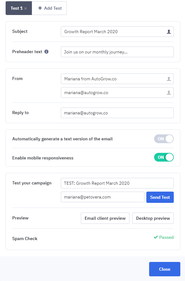 Email campaign settings.