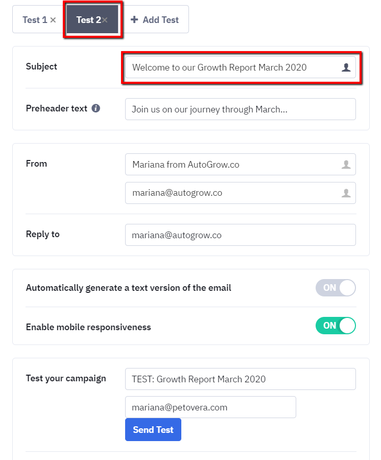 Email A/B testing setup.