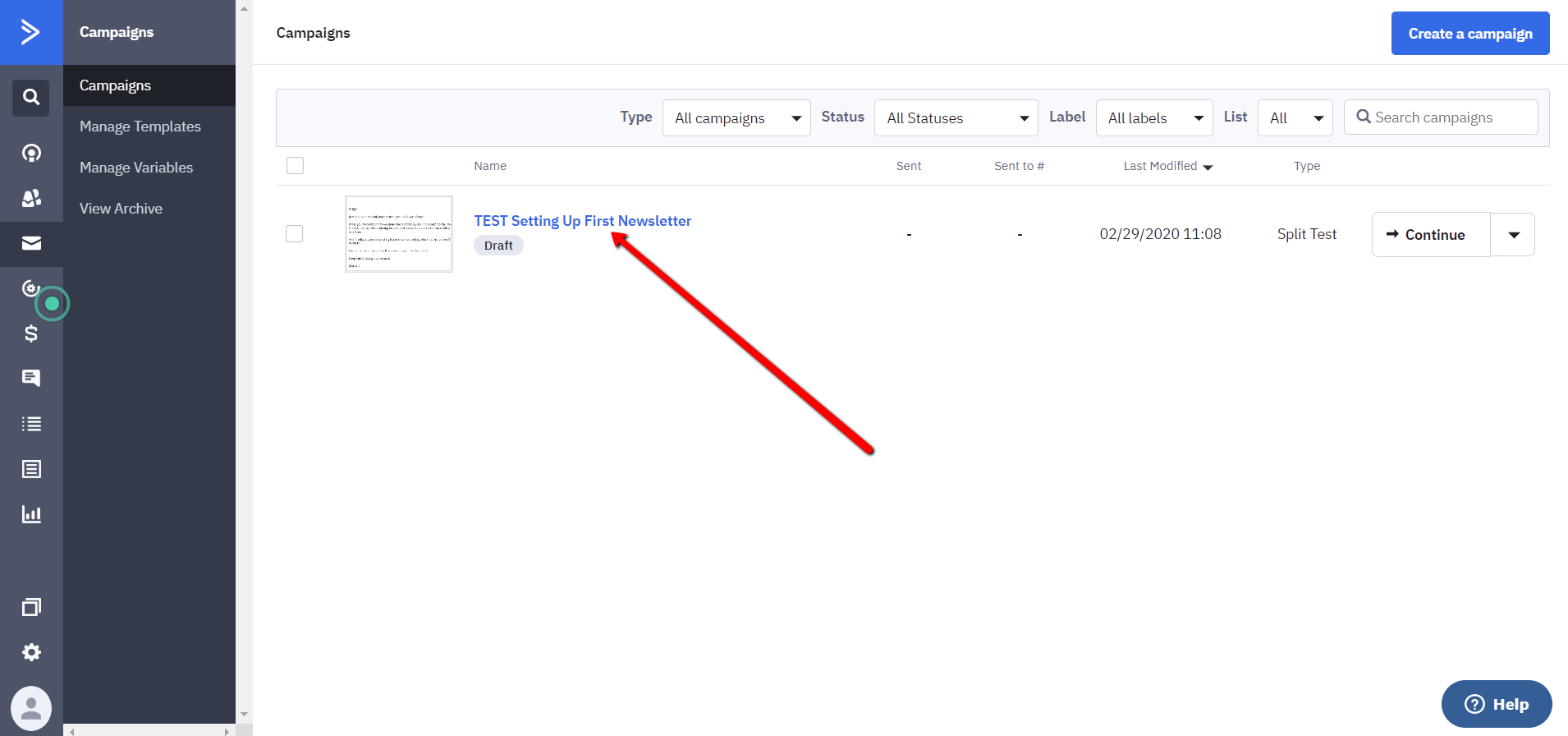 Email campaign draft, split test option.