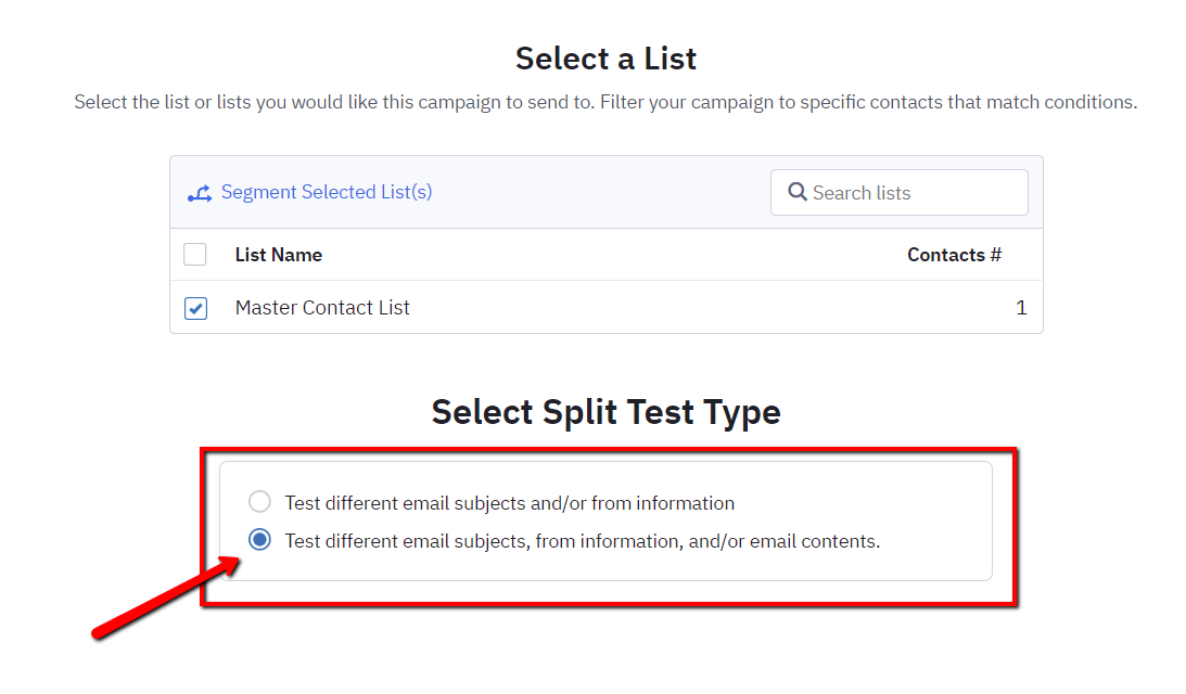 Choose email split test type.