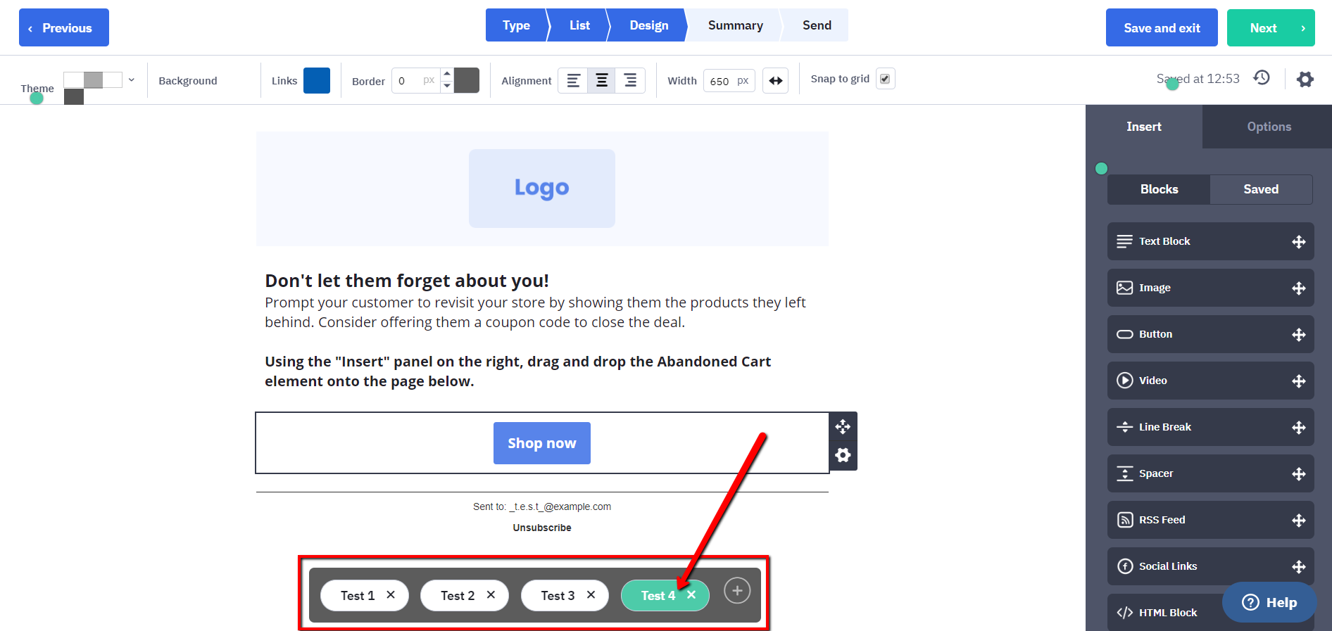 Email design test buttons.