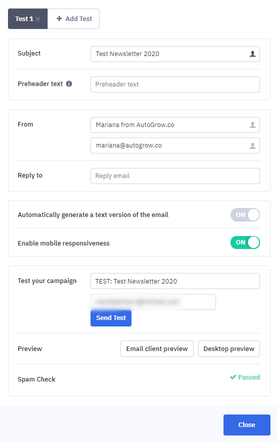 Email settings for newsletter test.