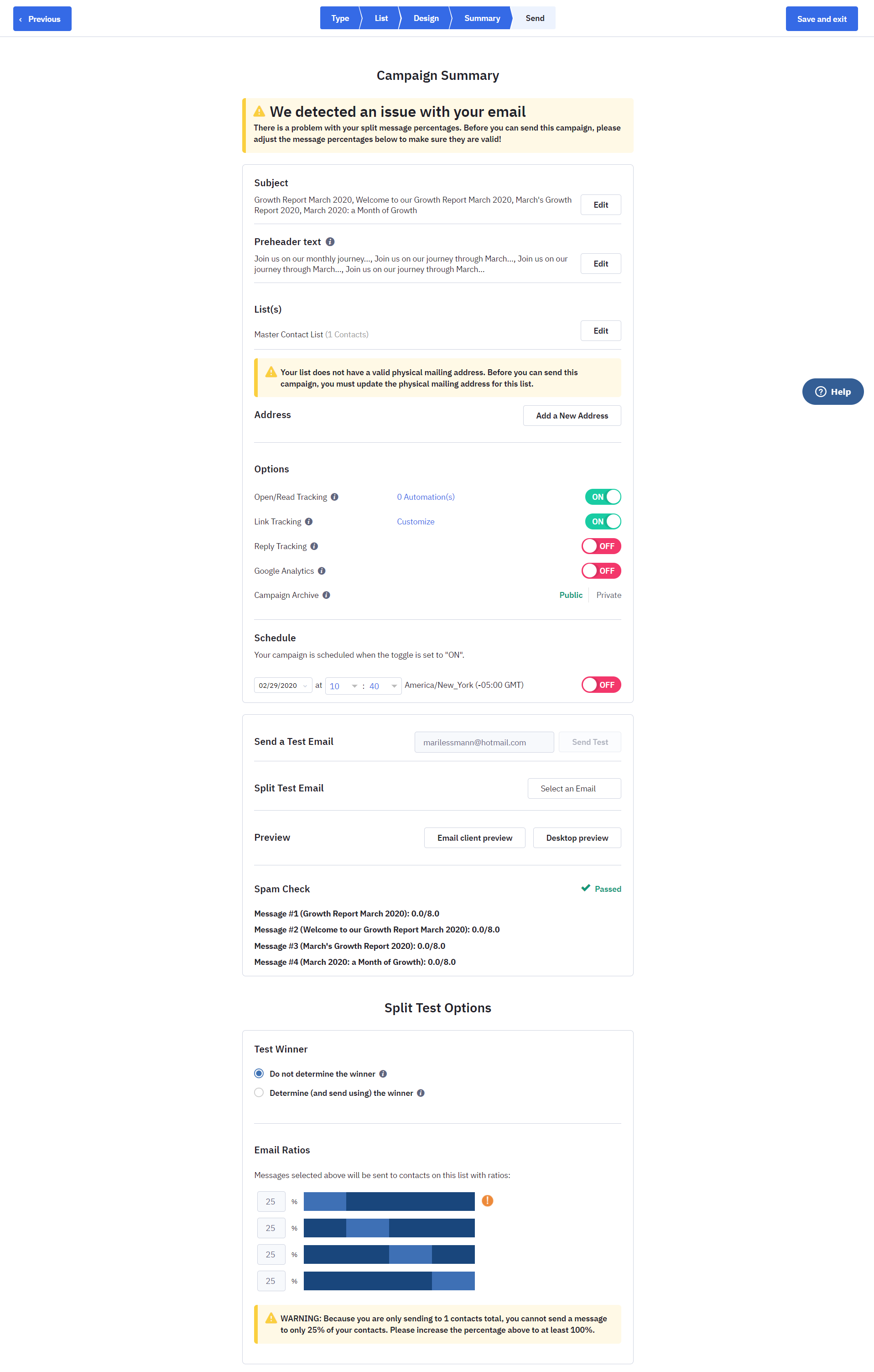 Email split test options for campaign.