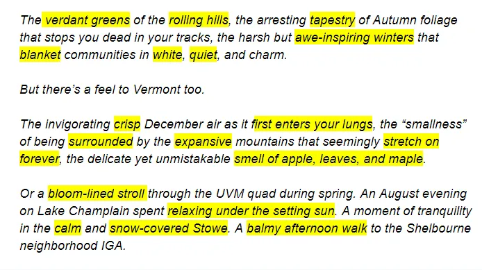 Vermont countryside, sensory description.