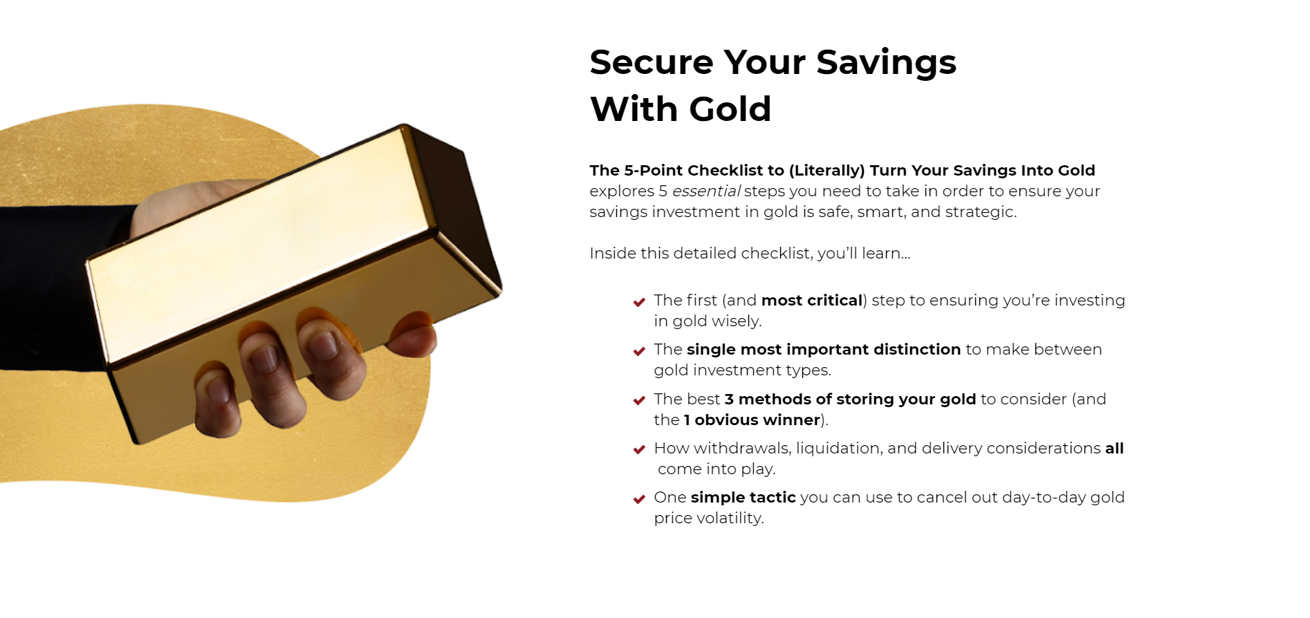 Gold bar in hand; investment guide.