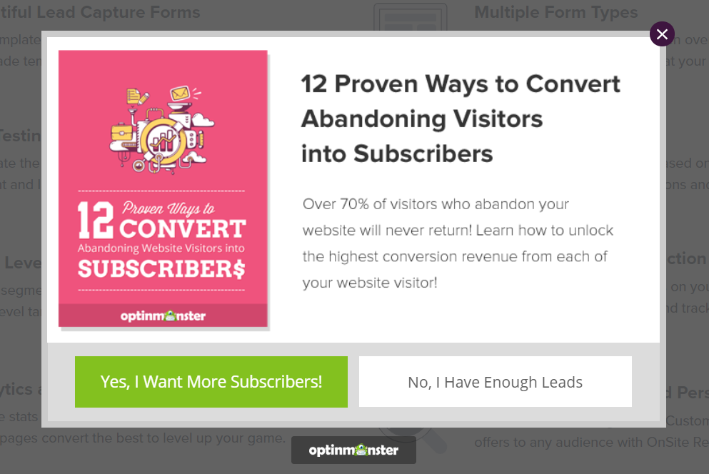 Exit pop-up for website visitors.