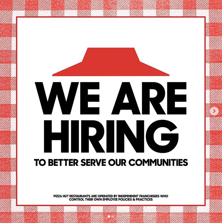 Pizza Hut hiring announcement.