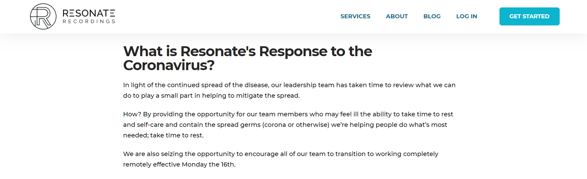 Resonate's Coronavirus response.  Remote work.  No service disruption.