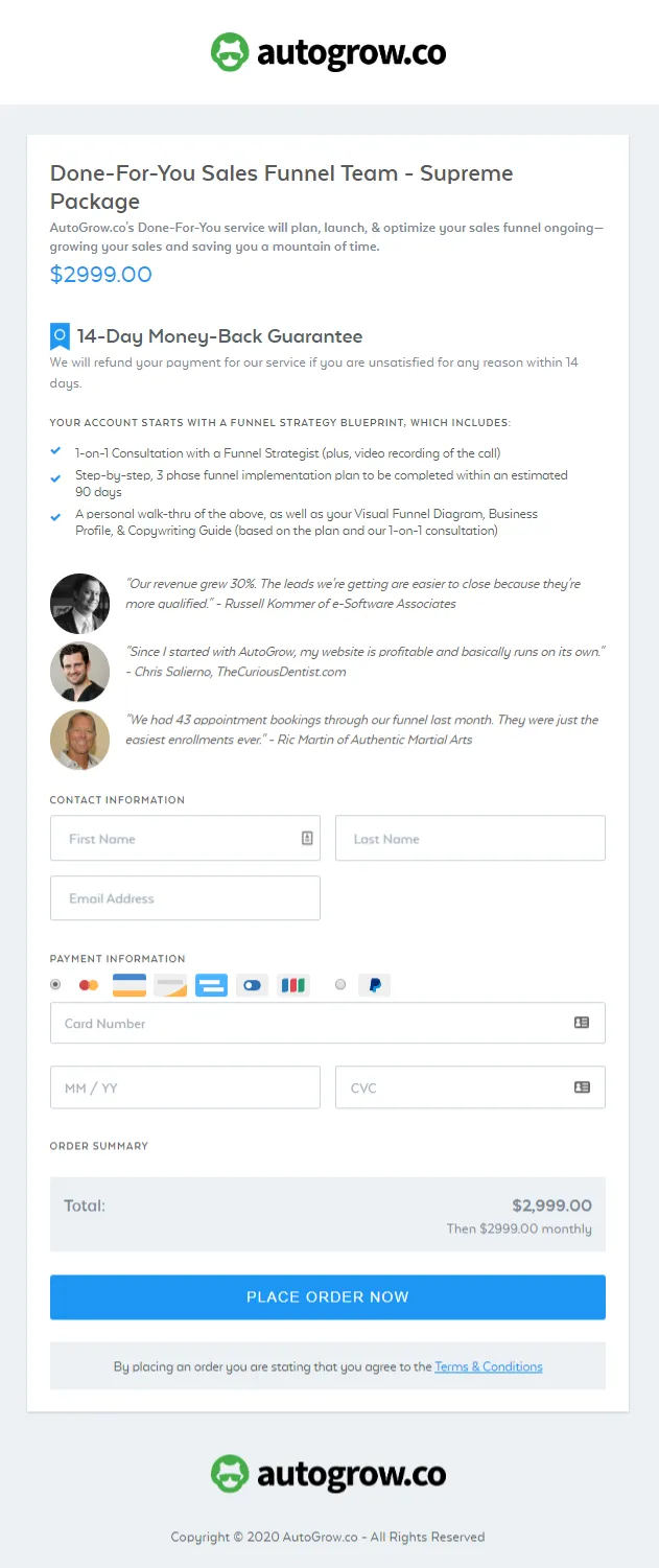 AutoGrow sales funnel service pricing.