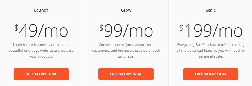SamCart pricing tiers: Launch, Grow, Scale.