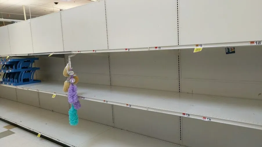 Empty supermarket shelves. No toilet paper.