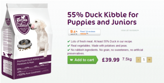 Dog food, 55% duck kibble.