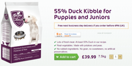 Dog food, duck kibble, puppies, juniors.