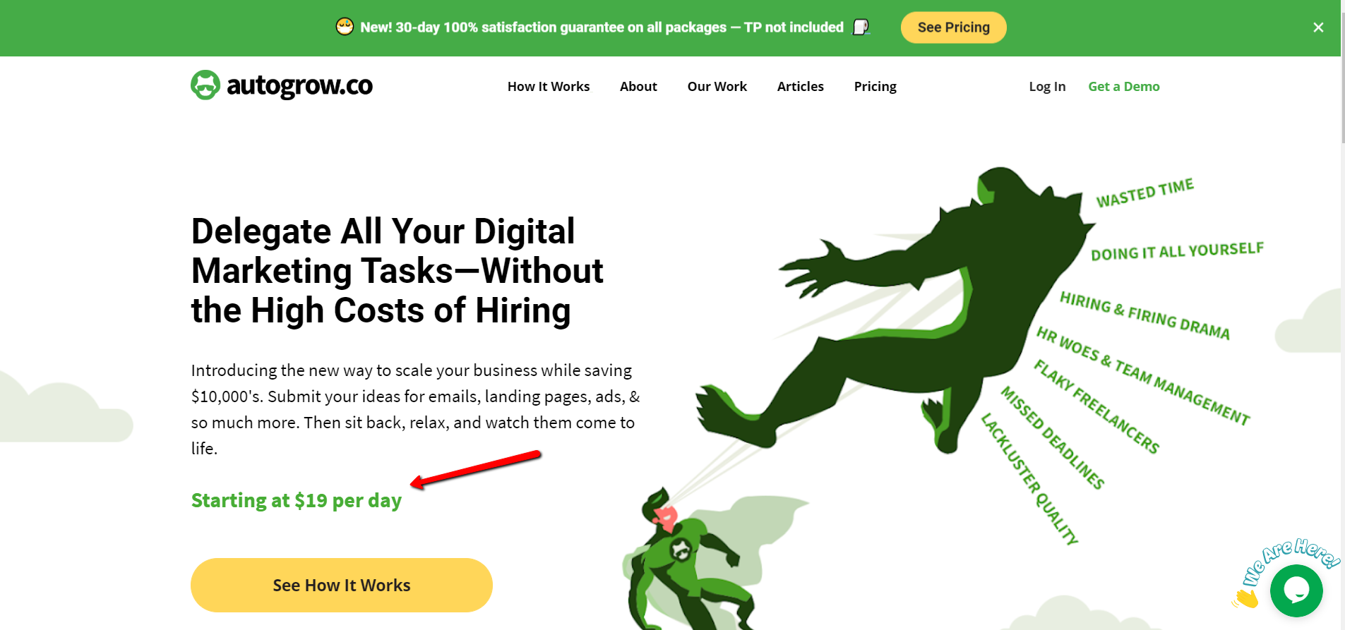 Pricing page, starting at $19/day.