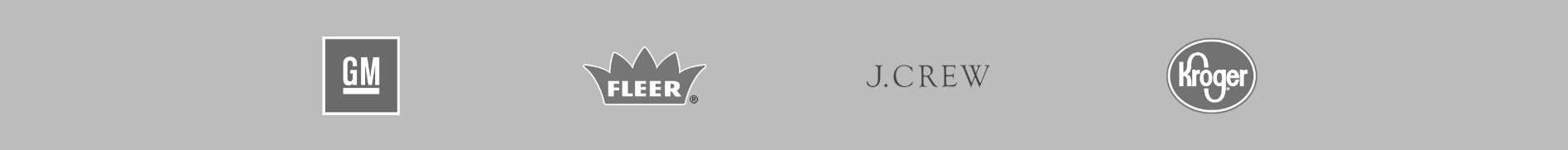 Company logos: GM, J.Crew, Kroger, Fleer.