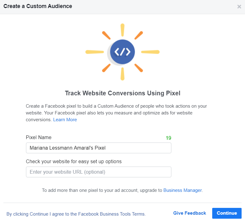 Facebook pixel setup form.