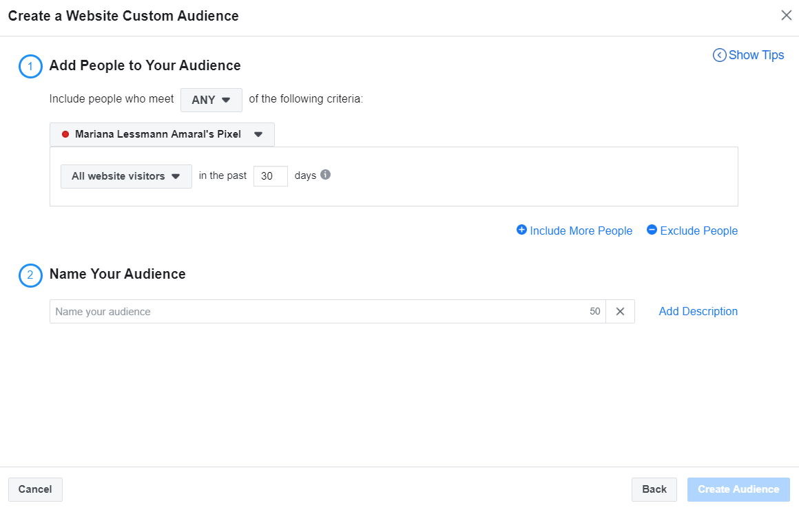 Facebook audience creation form.