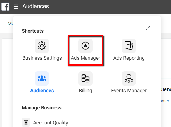Facebook Ads Manager button.