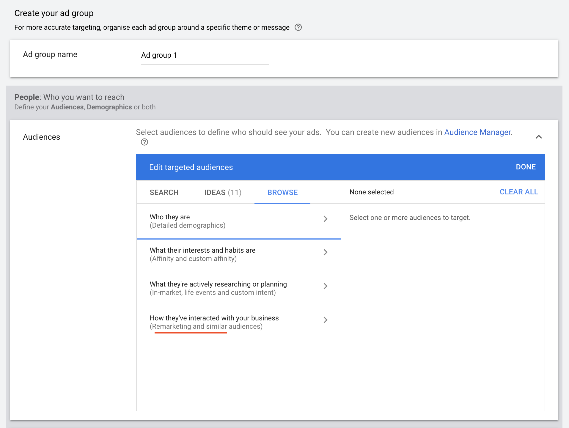 Google Ads audience targeting options.