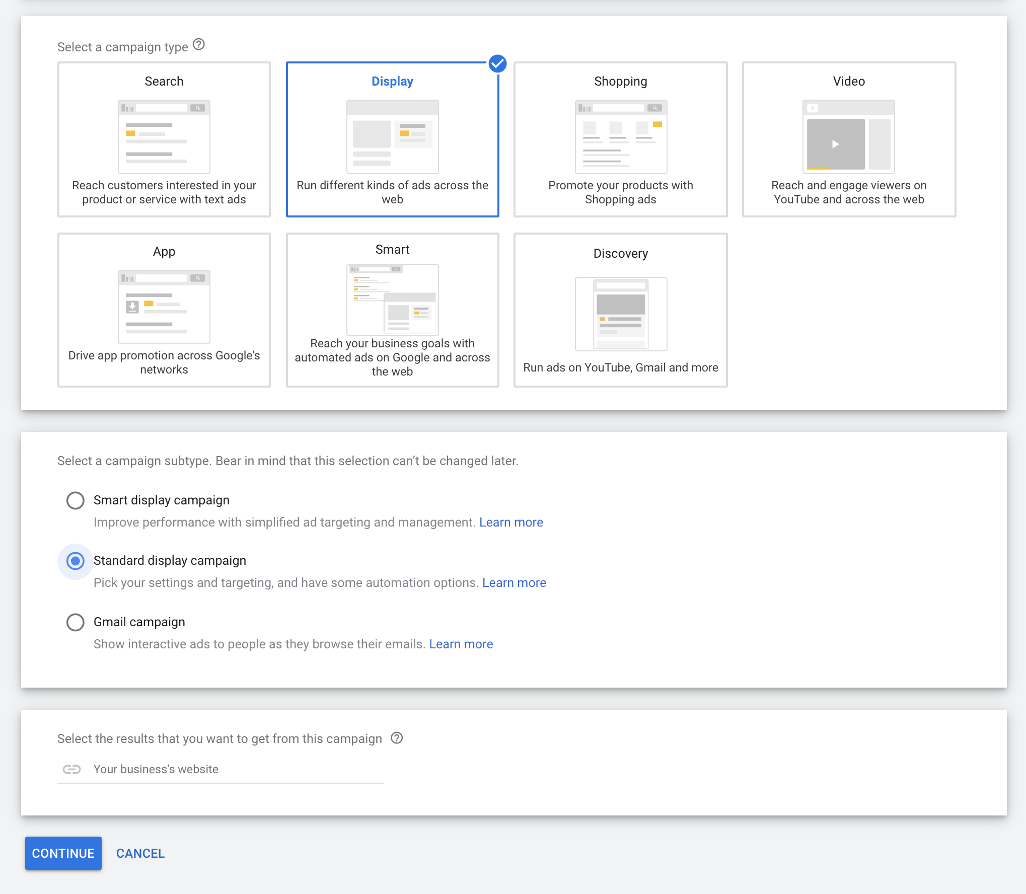 Google Ads display campaign options.