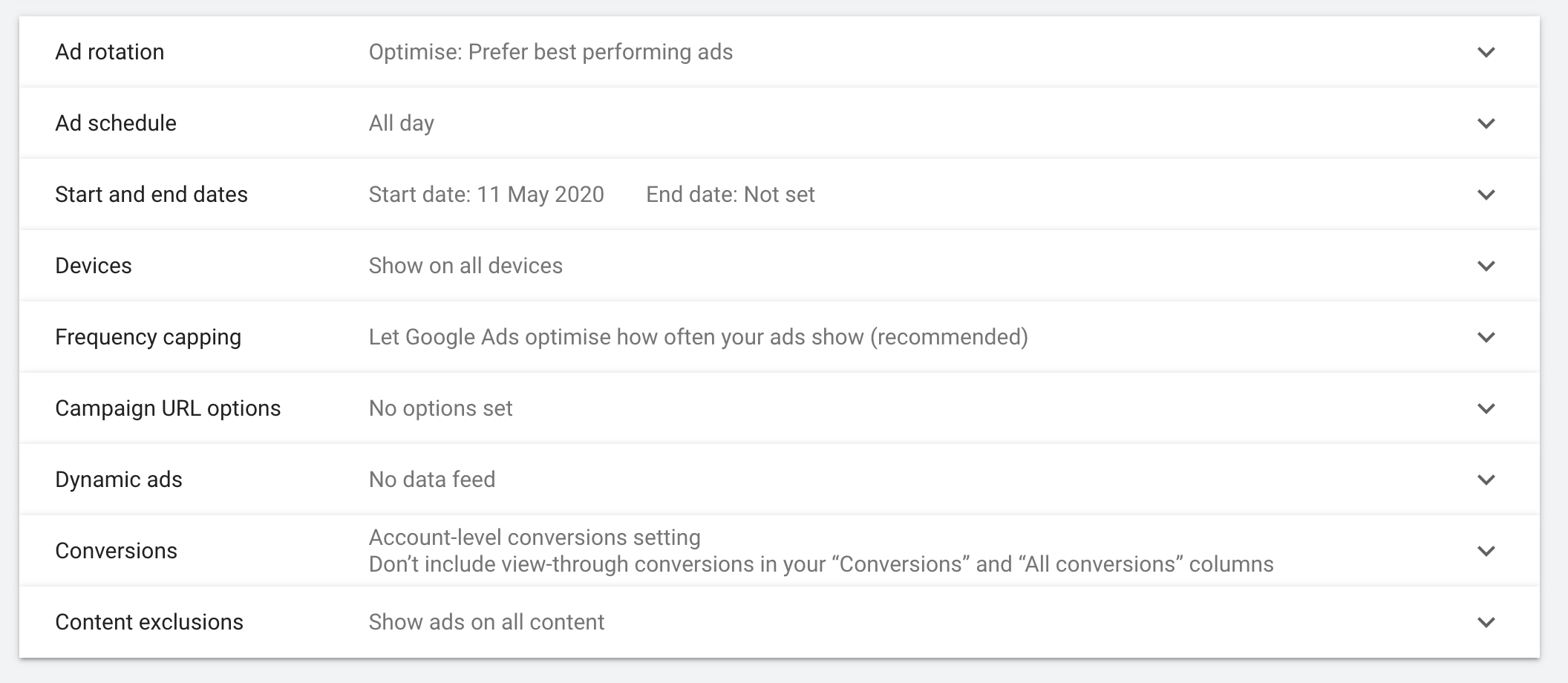 Google Ads campaign settings.