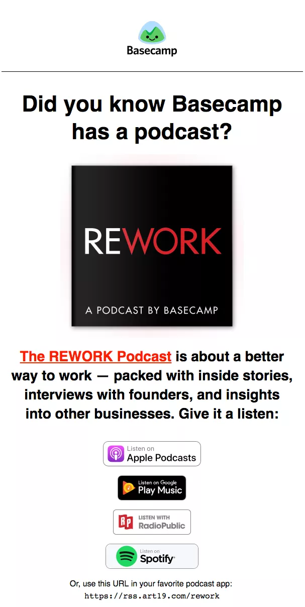 Basecamp podcast, Rework. Listen now.
