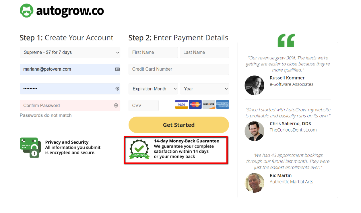 Checkout page with 14-day money-back guarantee.