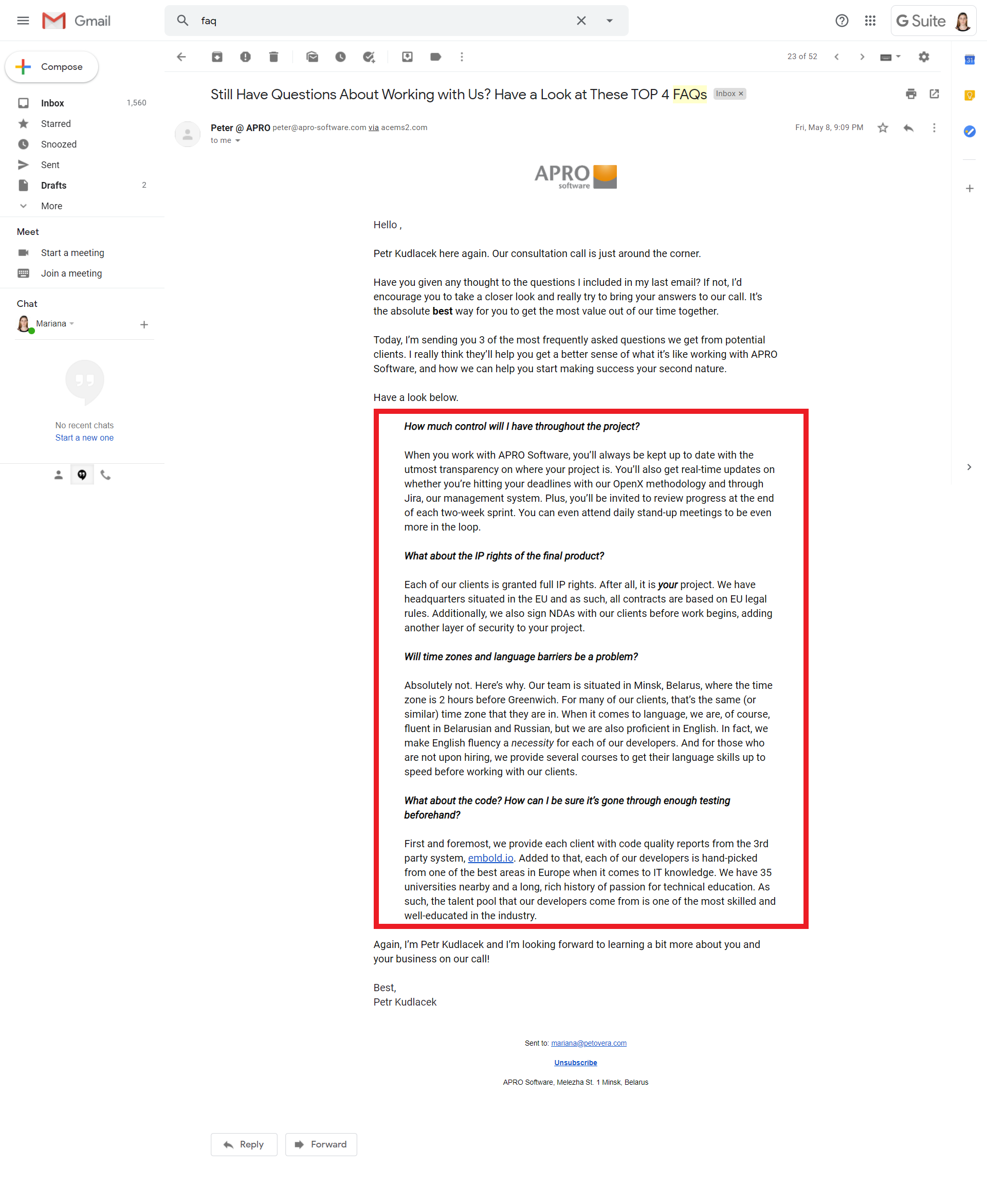 FAQ email about project details.