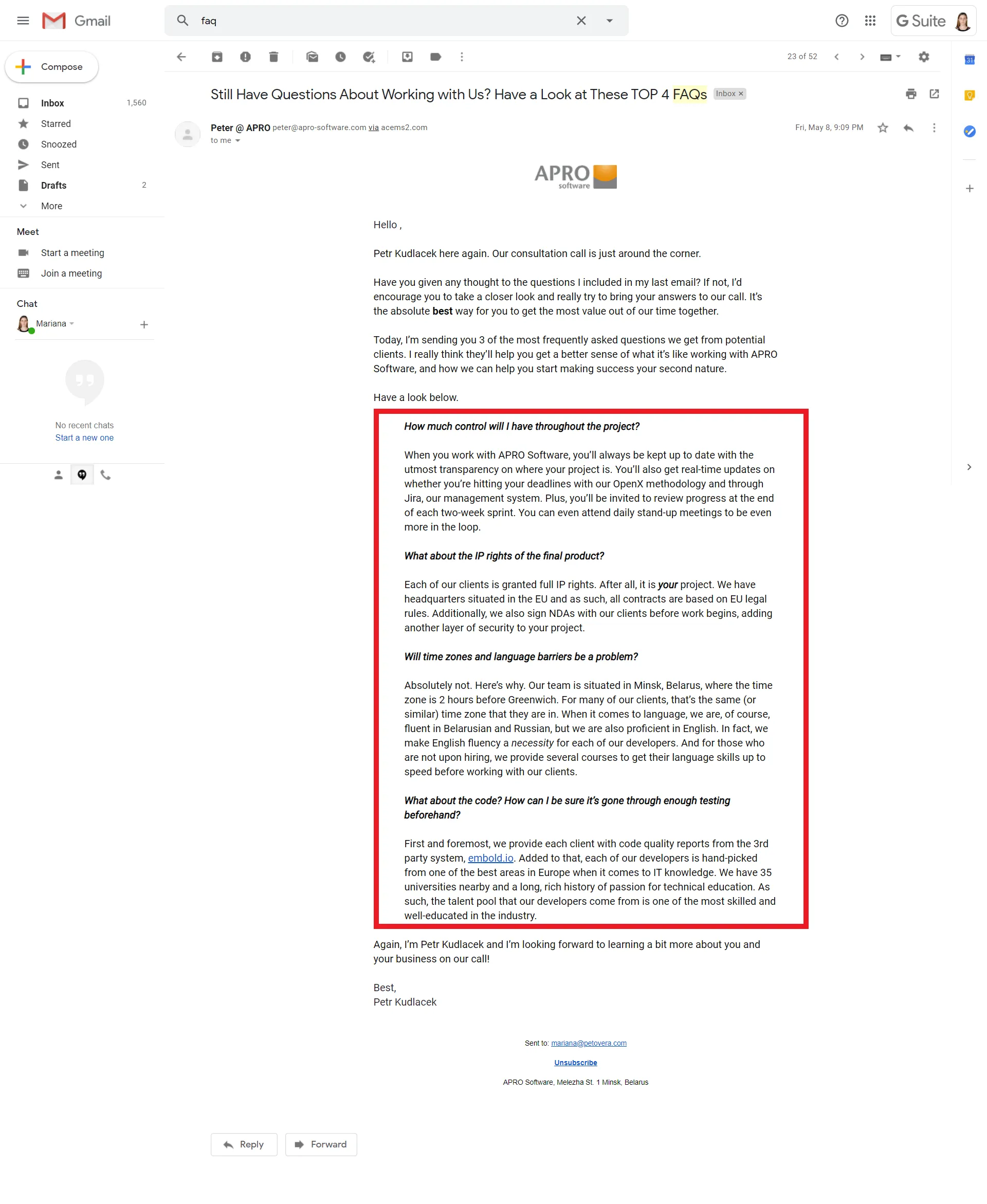 FAQ email about project details.