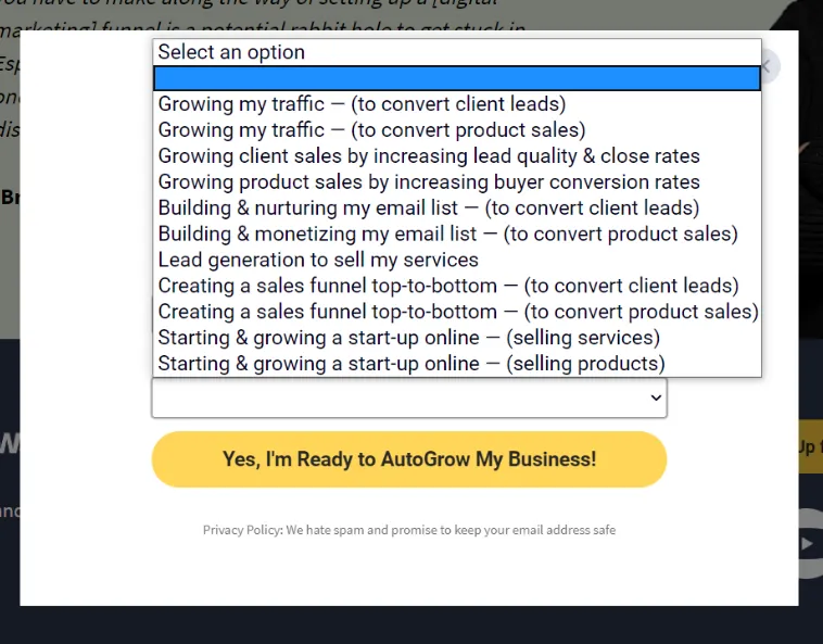 Business growth options menu.
