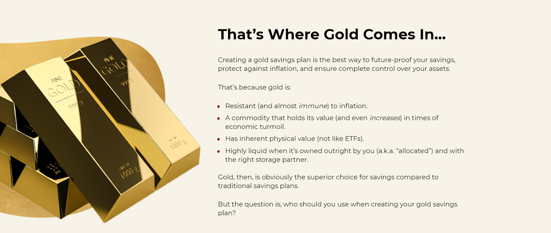 Gold bars, investment plan, future-proof savings.
