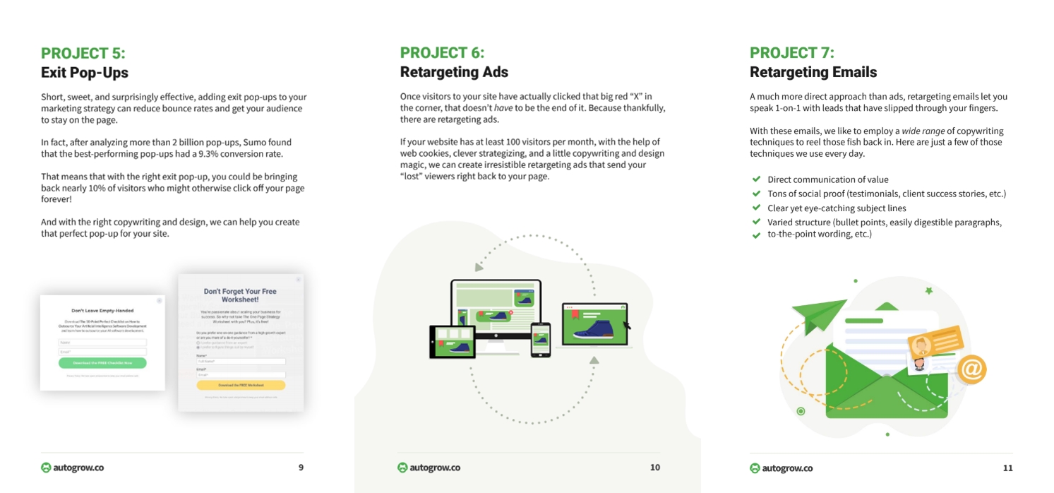 Marketing strategies for exit pop-ups, retargeting ads, and emails.
