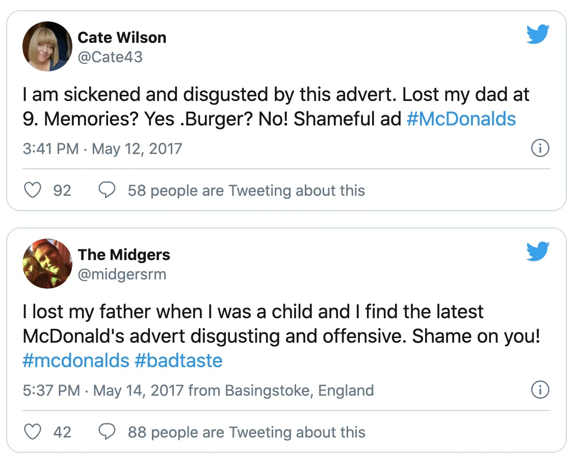 Tweets expressing grief over McDonald's ad.