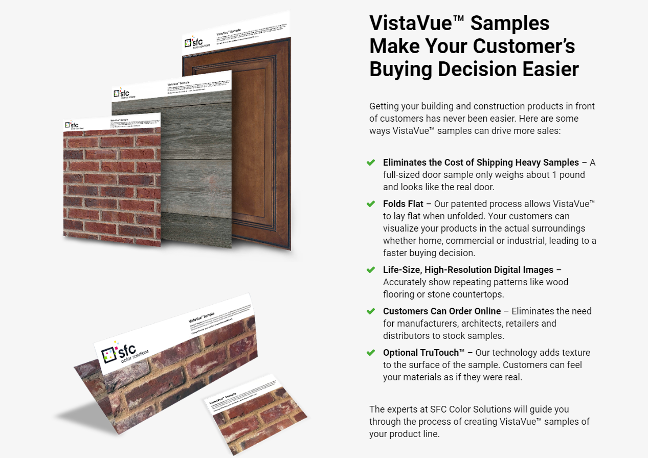 VistaVue samples, easy ordering, life-size.