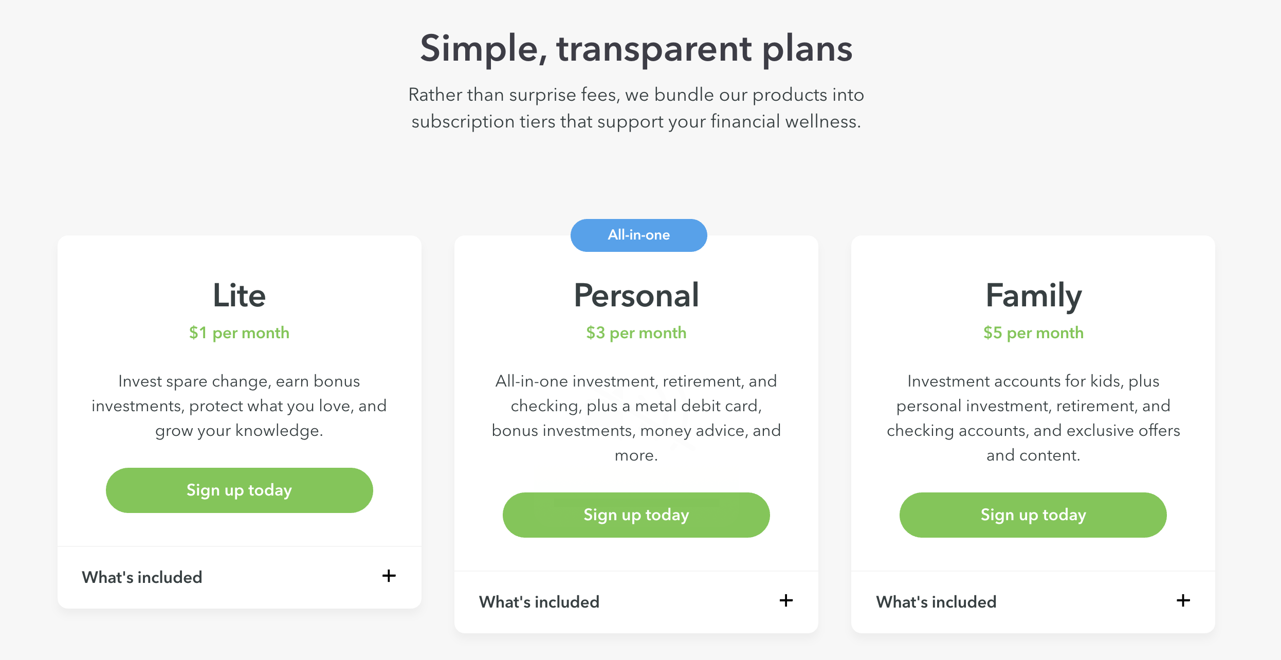 Investment plans, various tiers.