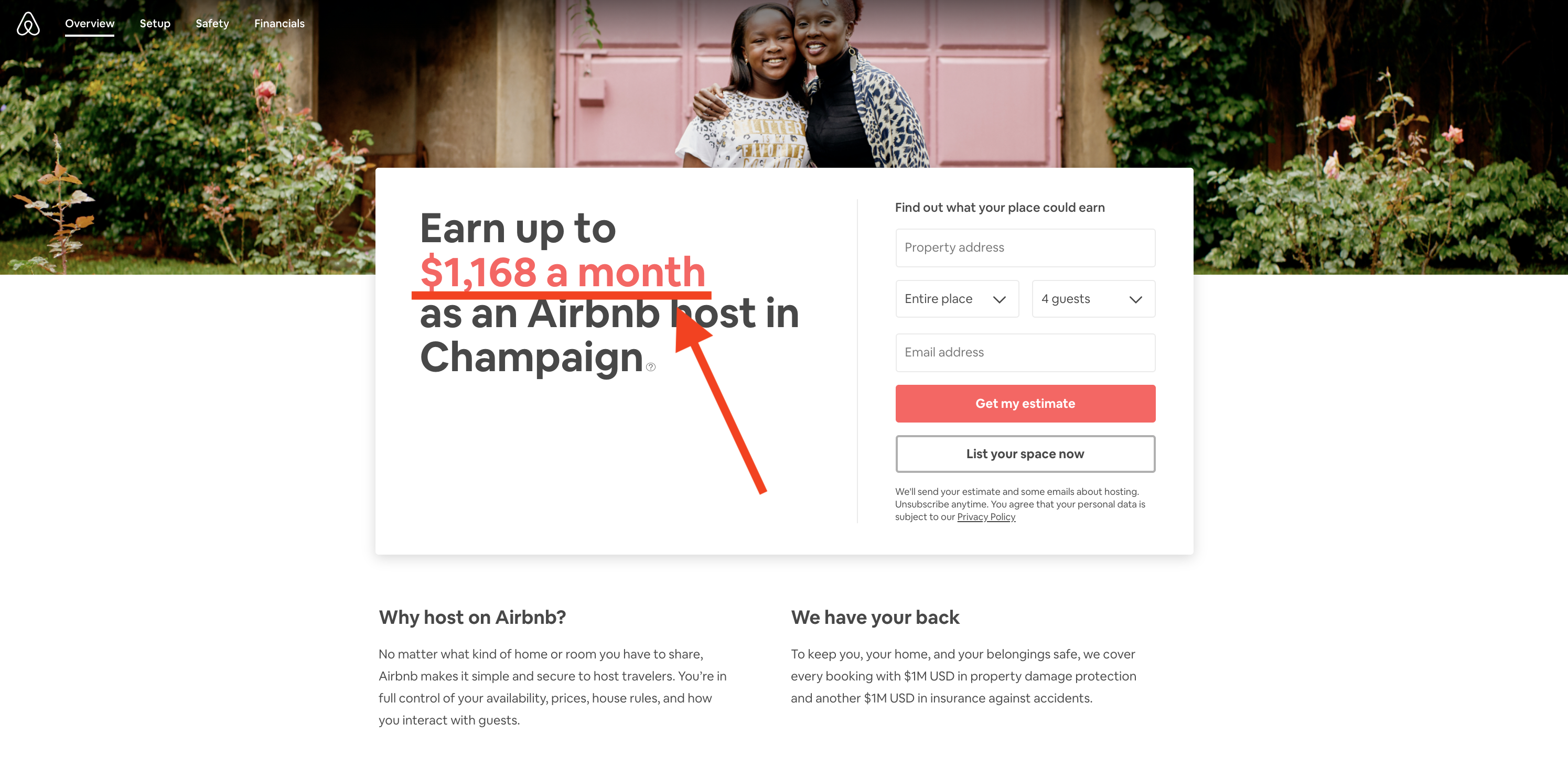 Airbnb host earnings estimate, Champaign.
