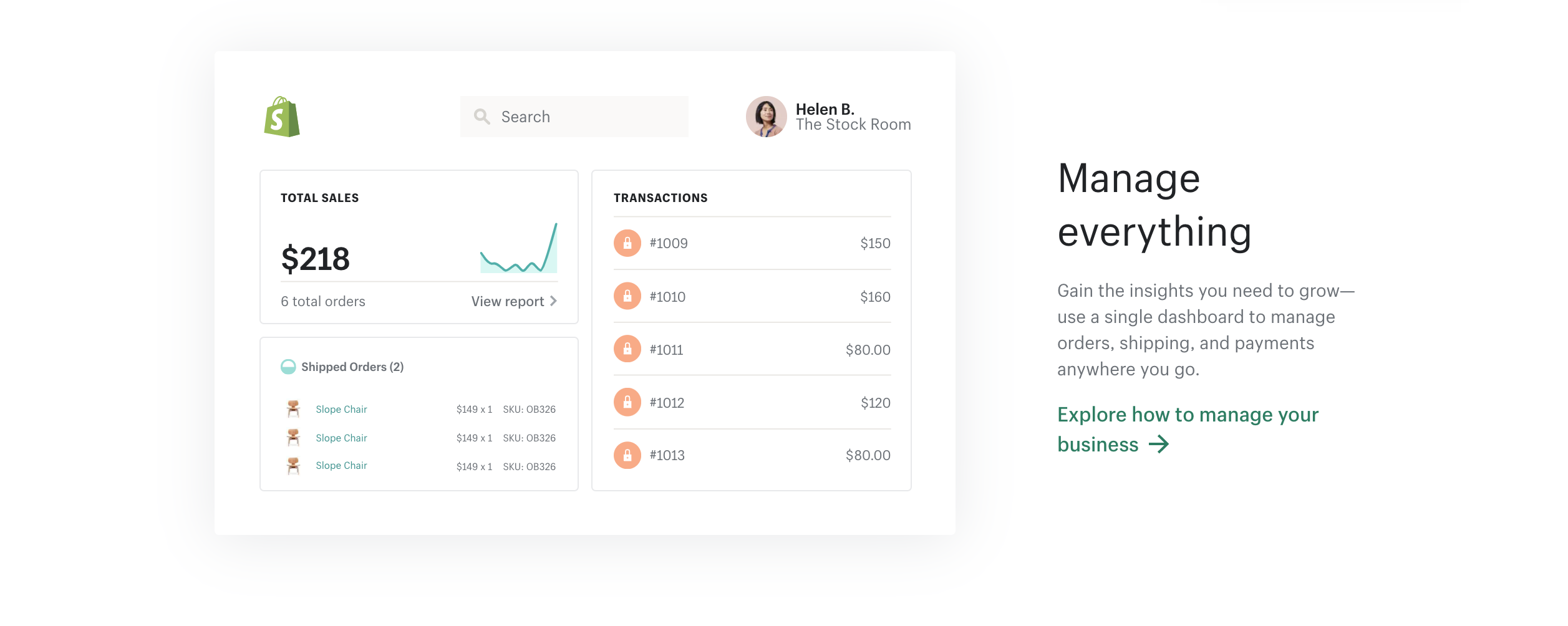 Shopify dashboard, sales, orders, shipping.