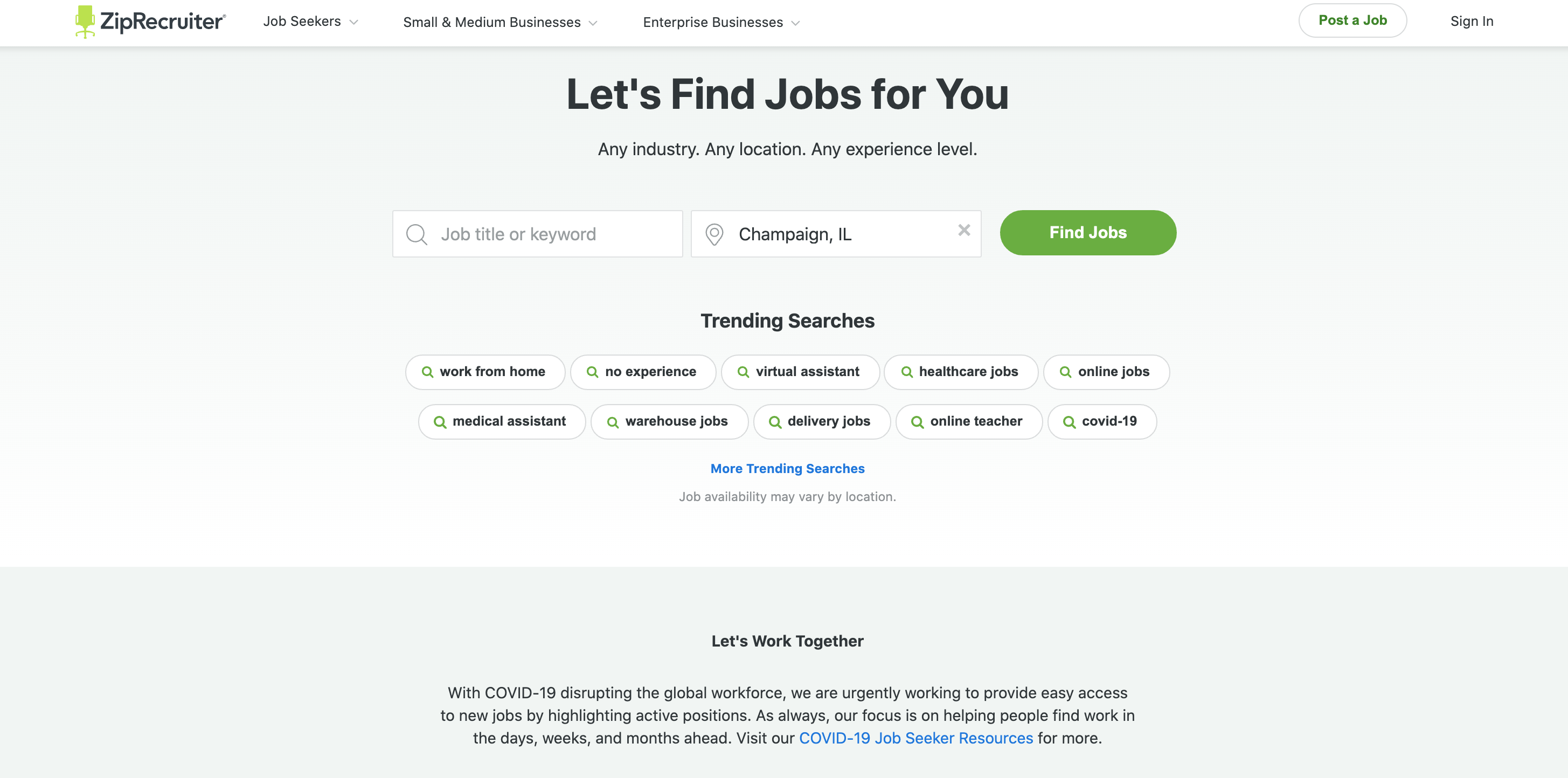 Job search filters, trending searches.