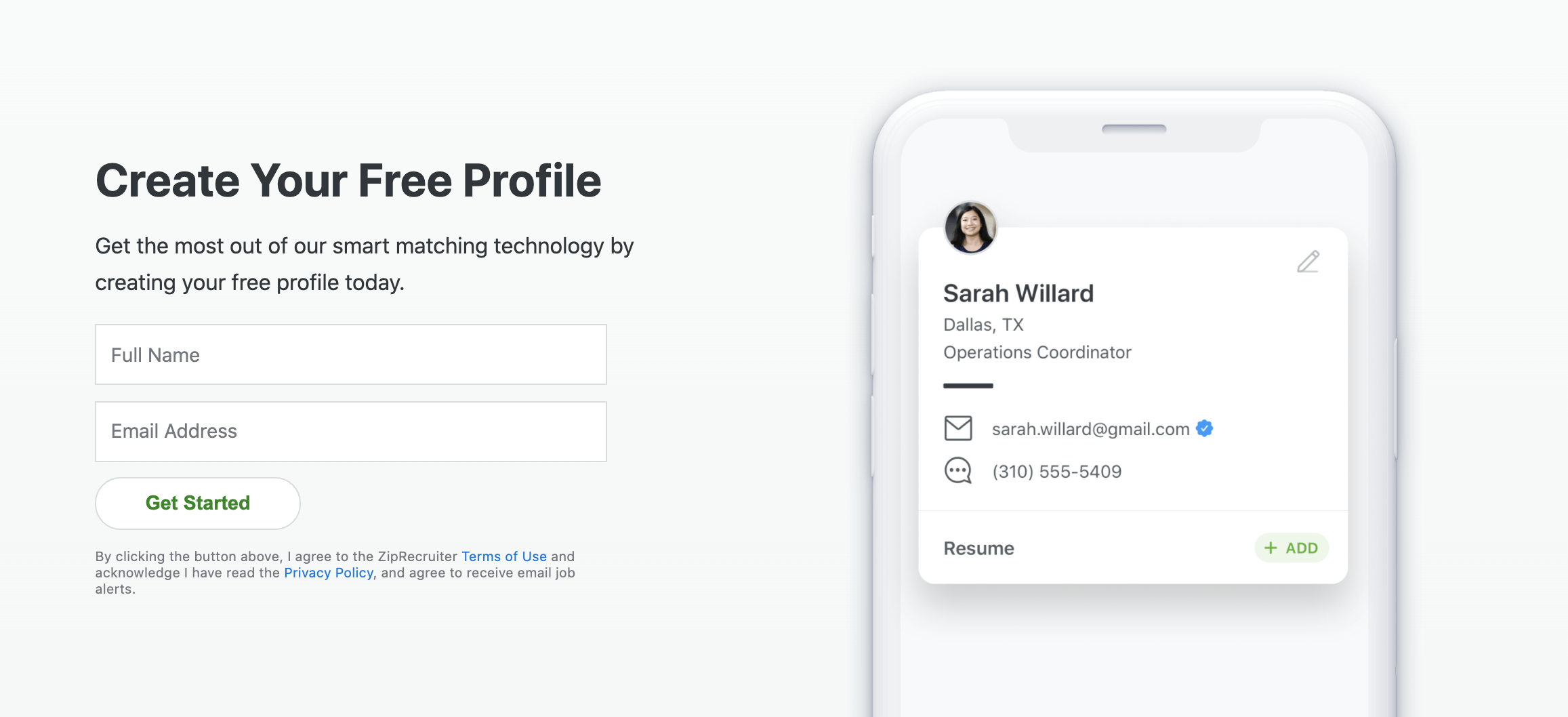ZipRecruiter profile creation.