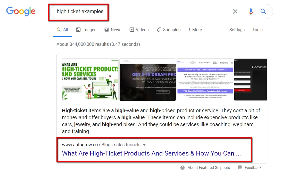 High-ticket products and services search results.